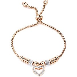 Jude Jewelers Stainless Steel Heart Charm Adjustable Size Beaded Strand Style Wedding Statement Holiday Bracelet, Metal, Cubic Zirconia