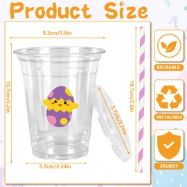 FYSUIMU 60Pcs Easter Plastic Cups with Lids and Straws Colorful Bunny Egg Chicken Clear Plastic Cups 12oz Cute Disposable Cups for Easter Spring Party Supplies