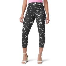 HUE Women's Wide Waistband Blackout Cotton Capri Leggings, Assorted, Black Floral