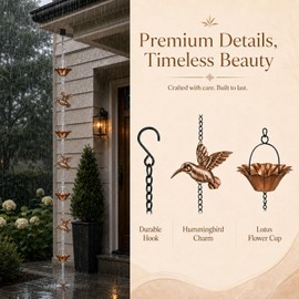 Humming Bird Rain Chain for Gutters, 8.5ft Hummingbird & Lotus Copper