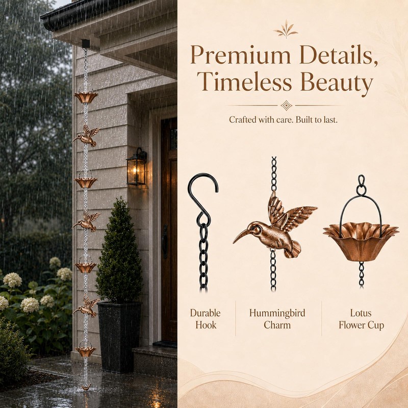 Humming Bird Rain Chain for Gutters, 8.5ft Hummingbird & Lotus