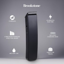 Brookstone - Cordless Hair Trimmer with Charging Base, Precision Grooming for Hair, Beard & Body with Adjustable Guide Combs