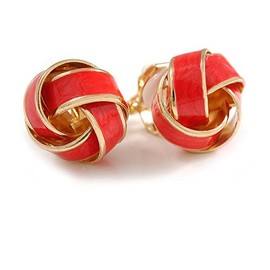 Brick Red Enamel Knot Clip On Earrings In Gold Tone - 15mm