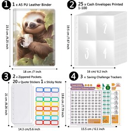 100 Envelopes Money Saving Challenge, A5 Budget Binder with Cash Envelopes & 3 Budgeting Planner Trackers to Save $5,050, 10,000, 500, Money Savings Challenge Book for Organizer, Retro Sloth