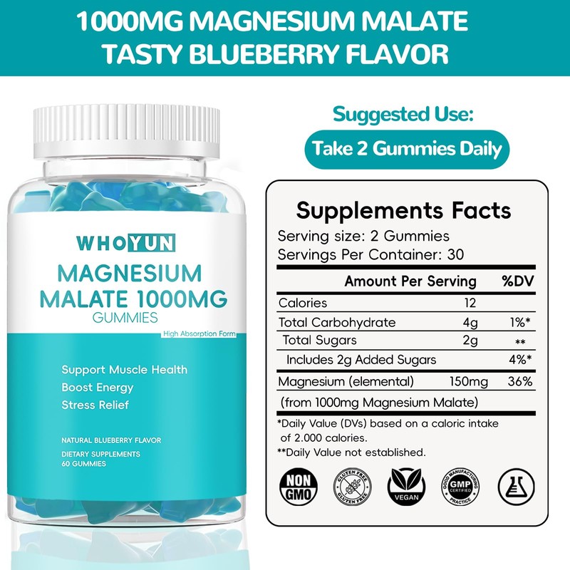 Whoyun Magnesium Malate Gummies 1000mg, Enhanced Absorption Magnesium Chewables Supplement