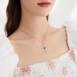RGEMCY Angel Wings Cross Necklace for Women 925 Sterling Silver Cubic Zirconia Cross Necklaces Amethyst February Birthstone Christian Religious Faith Easter Necklaces Jewelry for Women Wife Mother