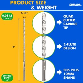 SOMADA 3/16-Inch x 6-Inch SDS Plus Drill Set of 10 Pcs SDS-Plus Rotary Hammer Drill Bit 4-Cutter Carbide Tip for Concrete, Brick, Stone and Masonry Drilling