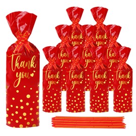 JarThenaAMCS 100Pcs Christmas Thank You Wine Bottle Gift Bag with Pull Bow Red Gold Foil Wine Cellophane Bag Xmas Winter Wine Wrap Bag Cover for Party Home Table Decor