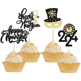 24 adornos para cupcakes de Año Nuevo 2024 con purpurina para el Año Nuevo, sombrero mágico de 2024, decoración de púa de magdalenas para 2024, suministros de fiesta de Año Nuevo, color negro y oro