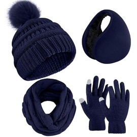 TAGNEFLOR Gorras Invierno con Bufanda y Guantes Táctiles Antideslizante 4 en 1 de Punto Sombreros para Mujeres y Hombres, Bufanda Gorro Guantes para Hombre y Mujer Invierno (Azul Marino- 4 en 1)