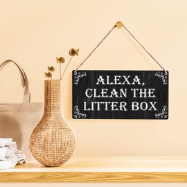 Cat Sign Gift Farmhouse Alexa Clean the Litter Box Wooden Hanging Sign Plaque Rustic Wall Art Decor for Home Decoration 12 x 6 Inches
