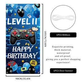 11th Birthday Decorations Door Banner - Blue Gaming Backdrop Boys Girls, Happy Birthday Large Size Porch Sign Background for Gamer Theme 11 Years Old Party Supplies