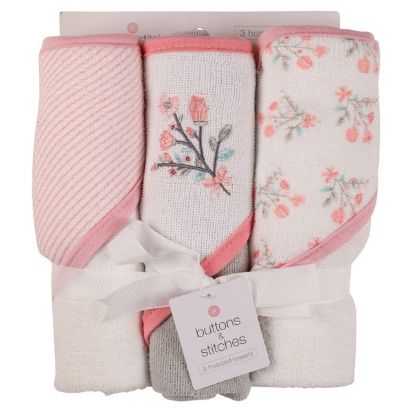 Buttons and Stitches Baby Infant 3 Pack Hooded Towel