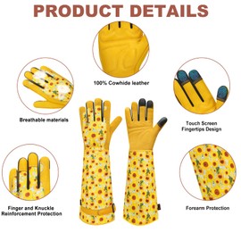 DLY Gardening Gloves for Women, Rose Gloves Gardening Thorn Proof, Long Garden Gloves for Women, Breathable Cowhide Leather Gauntlet (Medium, Yellow