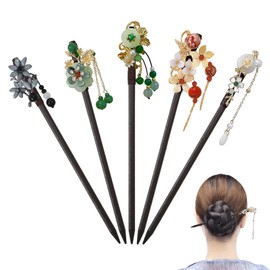 keyxer Pack of 5 Wooden Hair Sticks, Vintage Chinese Hairpin, Chinese Hair Pins Decorated with Flowers and Tassels, Hair Clips Hair Stick for Women Girls Hair Accessories