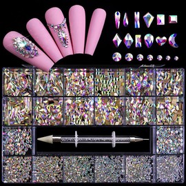 Shiker Kit de diamantes de imitación de uñas, multiformas, cristal AB con lápiz de cera profesional para arte de uñas, maquillaje, decoración facial, accesorios de decoración de uñas