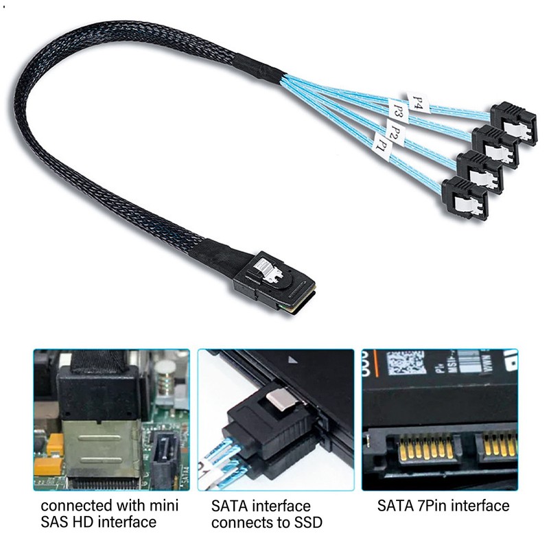 Mini SAS to 4 SATA Cable 7Pin 12Gbps Tinplated Copper