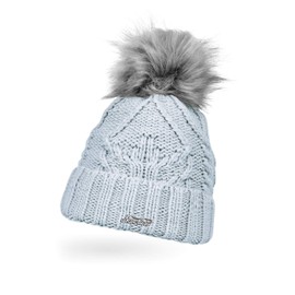 Neverless® Women's Knitted Hat Lined Envelope Fleece Lining Fur Pom Faux Fur Winter Hat Cable Knit Bobble Hat, 11400 Light Blue
