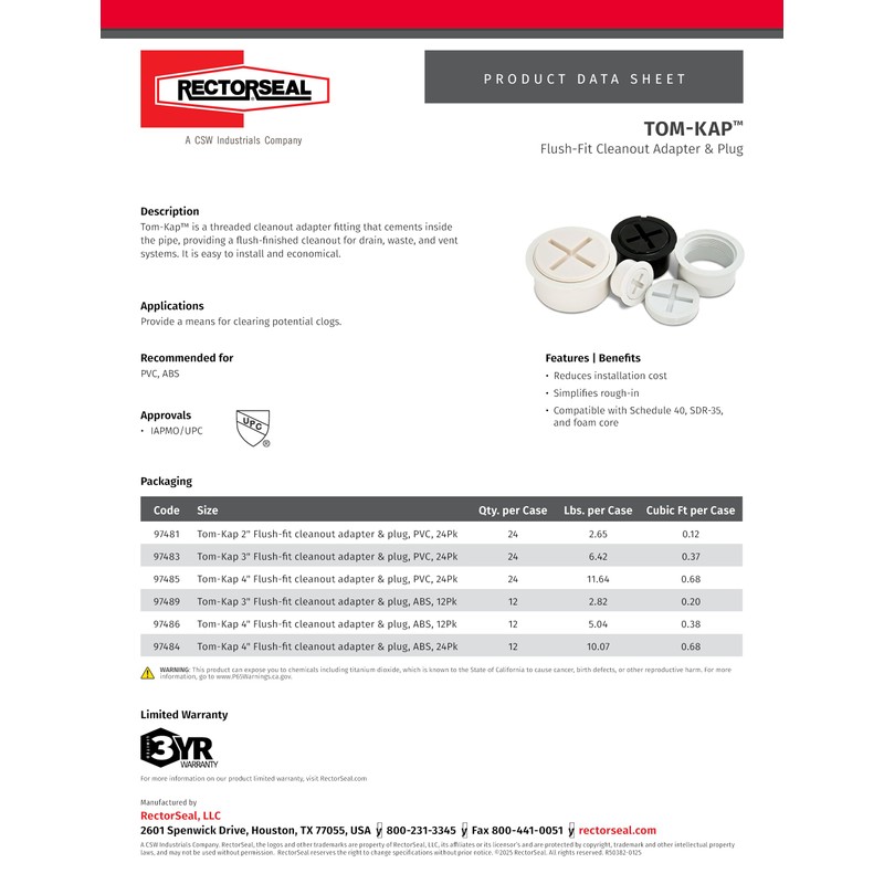 RectorSeal Tom-Kap 97483 Threaded Cleanout Adapter Fitting, Easy Application, Plumbing,