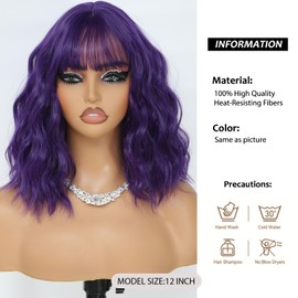 Monaluxe Purple Short Bob Wigs with Bang Synthetic Loose Curly Wavy Bob Wig Shoulder Length for Women Girls Daily Short Wavy Colorful Wig Everyday Hairstyle
