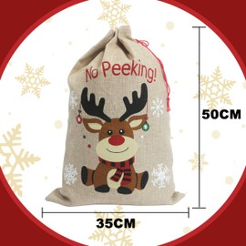Christmas Sacks 35 x 50 cm Medium - Christmas Gift Bags Hessian Drawstring 4 Designs: Snowman, Reindeer, Tree, Car, Pack of 4
