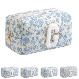 JOVAKIT Alphabet Makeup Bag Cosmetic Bag for Women, Christmas Gifts for Girls Age 6-18, Floral Flowers Coquette Travel Toiletry Zipper Make Up Pouch Organizer Trendy Stuff (Blue Floral G)