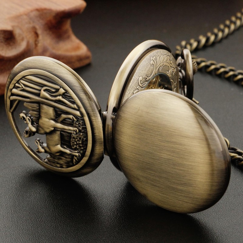Double Opening Case Bronze Mechanical Pocket Watch Deer Hollow Case,