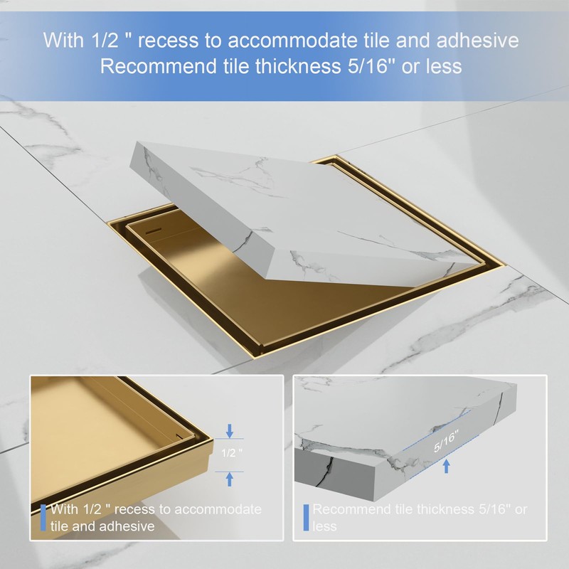 6-Inch Square Shower Drain with Tile Insert Grate, SUS 304