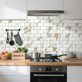 DICOFUN 1 Sheet Calacatta Gold Peel and Stick Backsplash Wall Tiles, 12"x12" Self Adhesive PVC Subway Tile for Kitchen Backsplash