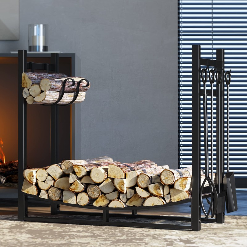 Fire Beauty Fireplace Log Rack with Kindling Holder and Firewood