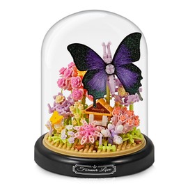 Mini Animals Flower Building Set - 588 Pcs Butterflies Bees Flowers Animals Building Blocks with Transparent Cover, Garden Den Block Kit for Adult Kid Christmas Home Decoration Gift, Purple Butterfly