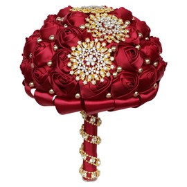 Gkvszy Dark Red Bridal Wedding Bouquet with Gold Rhinestone Pearl for Quinceanera Bride Bridesmaid Satin Rose Flower Brooch Bouquet Wedding Dark Red 7.1in