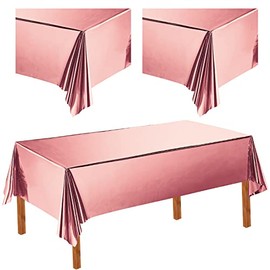 IKAYAS 2Pcs Rose Gold Tablecloth Table Cover Gold Foil Metallic Tinsel Table Covers 137 x 274 cm Waterproof Plastic Tablecloth Rectangle Table Covers for Birthday, Dining Party Decorations Supplies