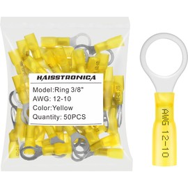 haisstronica 50pcs 3/8" Yellow Marine Grade Heat Shrink Ring Connectors,12-10 Gauge Tinned Red Copper 1mm Ring Terminals Connectors,Brazed-Seam Insulated Electrical Crimp Wire Terminals
