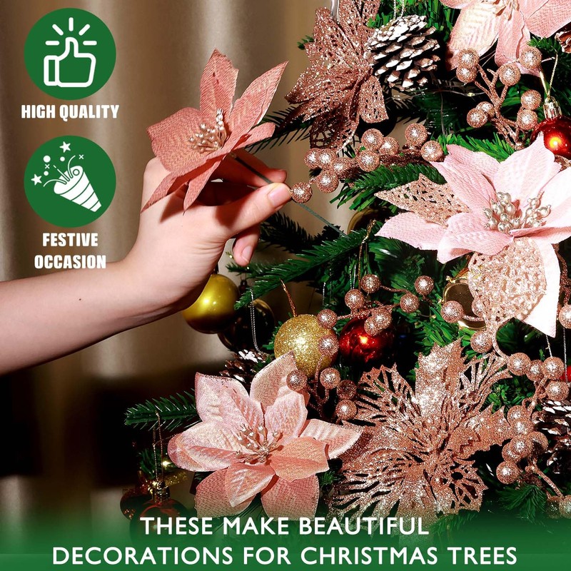 56 Pcs 4 Styles Poinsettias Artificial Christmas Flowers,Glitter Berries Stems