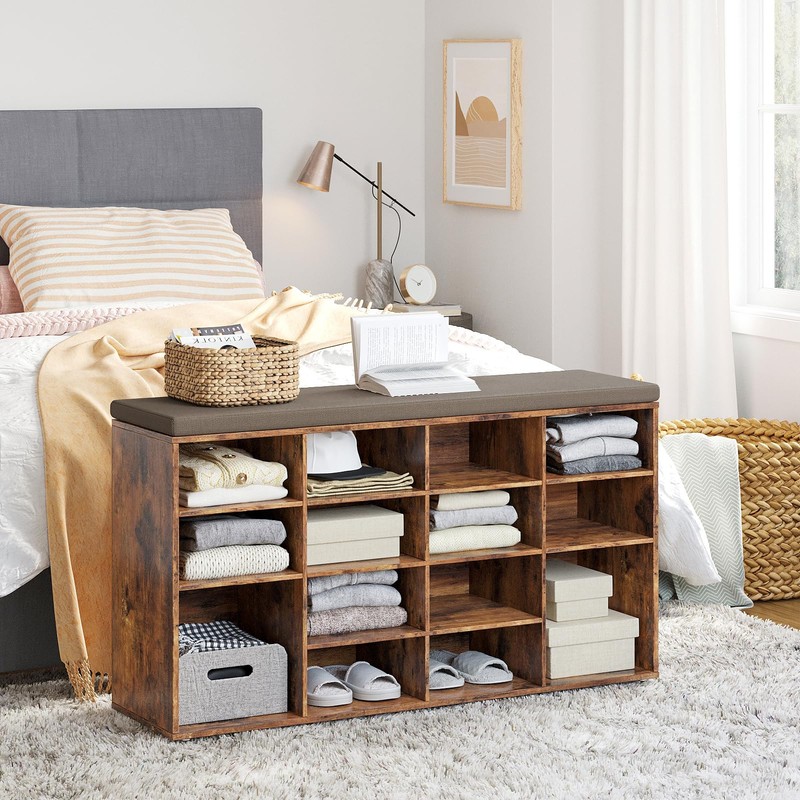 DINZI LVJ Shoe Storage Bench with Cushion, 14-Cubby Shoe Rack,