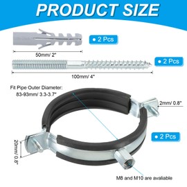 PATIKIL 3.3"-3.7"/83-93mm Split Ring Pipe Hanger, 2 Pcs Heavy Duty Adjustable Pipe Bracket Clamp Galvanized Iron Wall Ceiling Mount Pipe Strap Support with Screws & Expansion Tube, Black