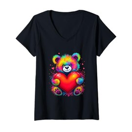 Womens Colorful Bear Heart V-Neck T-Shirt