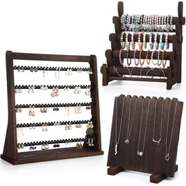 RattanView 3 Pcs Wood Jewelry Display Organizer Set, Include 4 Tier Bracelet Display Stand, 5 Layer Earring Organizer Storage, Wood Necklace Rack for Selling Home, Vendor, Craft Shows and Store
