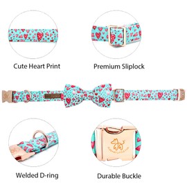 Elegant little tail Valentine's Dog Collar, Cute Pink Heart Dog Collar with Bow for Small Dogs, Female or Male Adjustable Cotton Pet Collar for Small Medium Large Dogs