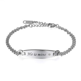 JewelryWe Men’s and Women’s Bracelet, Love and Friendship Bracelets, His Crazy & Her Weirdo Heart, Stainless Steel and Zirconia, Black, Rose Gold or Silver - Customisable, Stainless Steel, Silver (i Am Hers & He Is Mine)