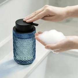 SEICASAYA 13.5 oz Glass Soap Dispenser, Luxurious Floral Embossed Glass Bathroom Countertop Foaming Pump for Kitchen Vanity (Blue)