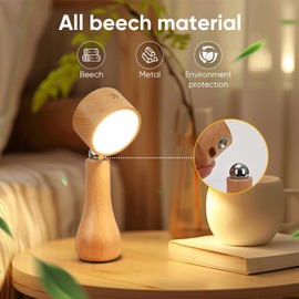 2 Pack LED Wooden Mushroom Lamp, Rechargeable Battery Operated Portable Cordless Touch Switch Small Lamp, Stepless Dimming, 360 Degree Rotation Angle Adjustable，Night Light for Birthday Gifts