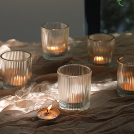24 Pack Votive Candle Holders for Wedding Decor, Clear Glass DIY Wax Filling Romance Tealight Candle Holders, Vintage Stripe Tea Lights Candle Holder for Table Centerpieces（Clear,24）