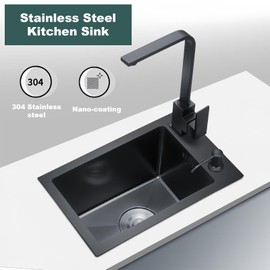 Kferfft Undermount RV Kitchen Sink, 15x12 Inch Stainless Steel Single Bowl Small Sink with Faucet & Accessories, Design for RV Bar (Black, 15"x11.8")