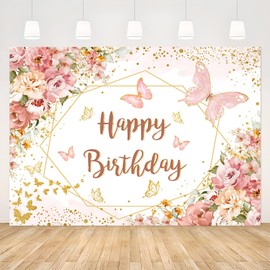 APROPHIC Butterfly Birthday Banner Background Pink Flower Butterfly Happy Birthday Banner Photo Background Girls Birthday Banner Party Decoration Photo Background 2.1 x 1.5 m