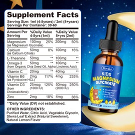 Magnesium Glycinate Liquid for Kids - with L-Theanine Omega-3, Vitamin B6, D3, Zinc - Kids Magnesium Drops for Sleep, Relaxation, Calm & Focus - 2 Fl Oz, Lemon Flavor