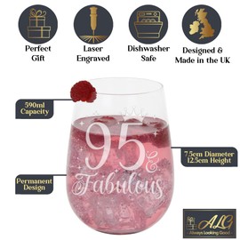 Always Looking Good 95th Birthday Gifts for Women 95 & Fabulous Engraved stemless Gin Glass Present for 95 Year Old Ladies stemless Gin Glass Laser Engraved Elegant stemless 95th Gin Glass