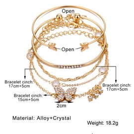 tenghong2021 5PCS Bohemian Butterfly Layered Crystal Bangle Stackable Wrap Set PendantAdjustable Open Bracelet for Women -Golden