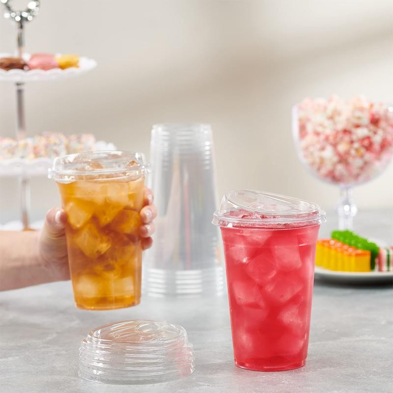 50 Sets Crystal Clear Plastic Cups With Strawless Sip-Lids, Disposable